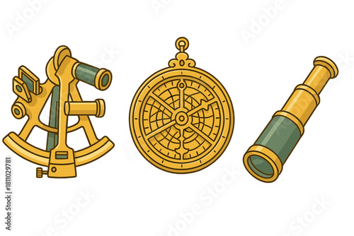 Detailed collection of antique navigation instruments sextant astrolabe and spyglass