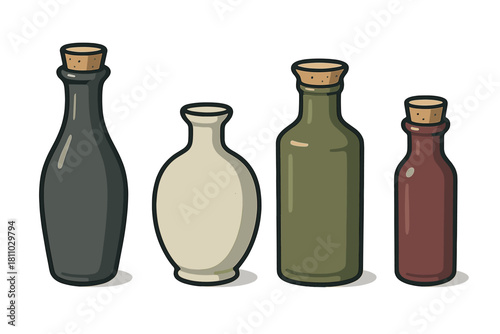 Vintage glass bottles and ceramic vase collection with cork stoppers on white background