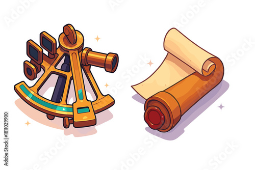Golden sextant and ancient rolled map scroll with wax seal for navigation and discovery