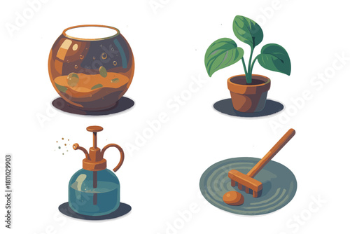 Terrarium, houseplant, water mister, and rake for indoor gardening and zen decor