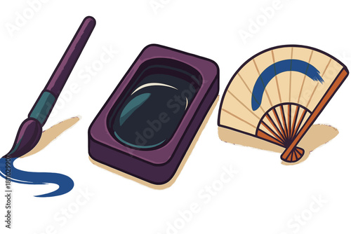 Traditional Asian painting instruments featuring a brush, ink stone, and decorative folding fan