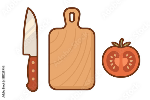 Essential kitchen knife, wooden cutting board, and fresh tomato for food preparation