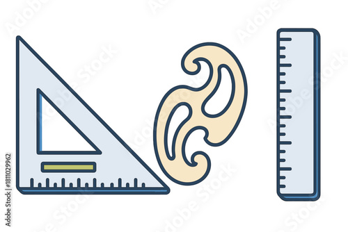 Set square, French curve, and ruler drafting tools for geometry, architecture, and design projects
