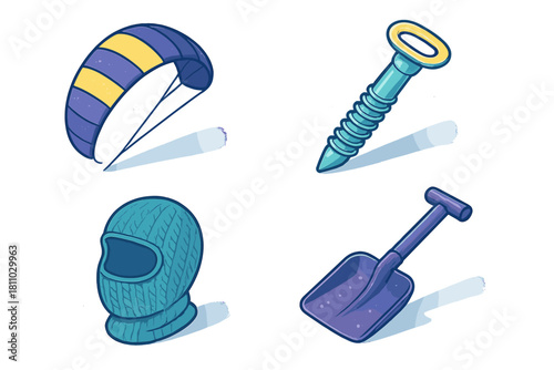Winter sports and survival gear set including kite, snow anchor, balaclava, and shovel