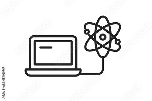 Laptop connected to an atom structure symbolizing scientific research and digital technology