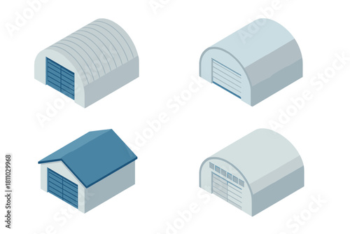 Isometric icons of industrial storage buildings and large transport hangars