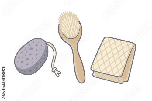 Set of spa and bath accessories including pumice stone and wooden body brush