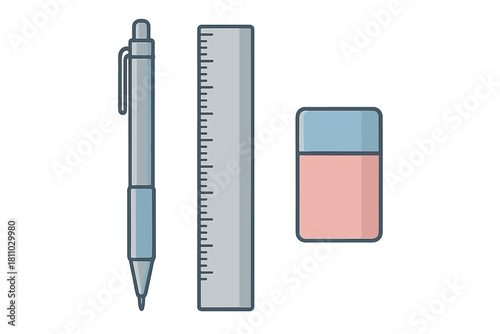 Collection of essential school supplies including a writing pen, measuring ruler, and rubber eraser