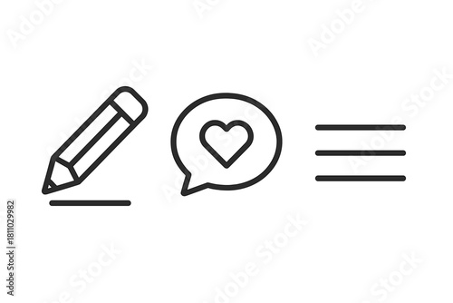 Content creation, feedback, and organization symbols: pencil, heart message, menu list