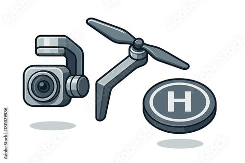 Drone camera gimbal, propeller component, and helipad landing area elements