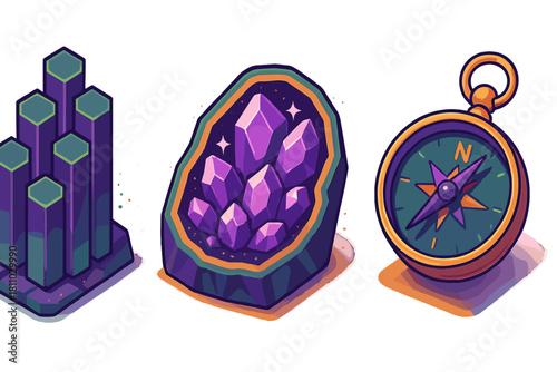 Stylized set of three icons featuring purple crystals, geometric pillars, and a vintage compass design