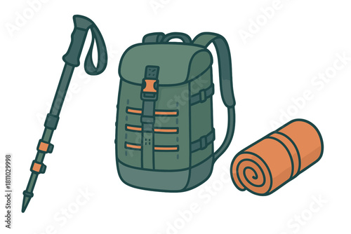 Essential hiking and camping gear set with backpack, sleeping mat, and trekking pole