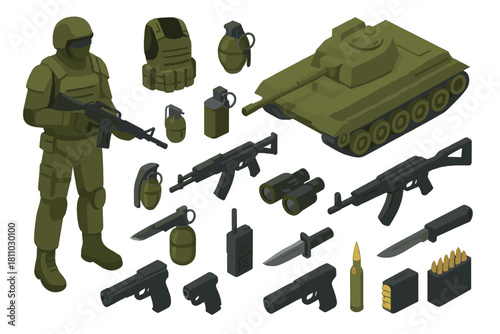 Isometric collection of military equipment featuring soldier and armored vehicle