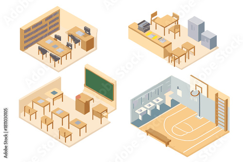Isometric views of various school facility interiors: classroom, library, cafeteria, and gym