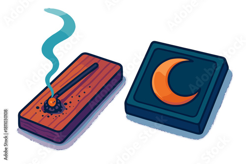 Burning incense stick on a wooden holder next to a decorative box with a crescent moon symbol