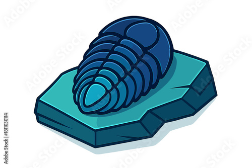 Stylized blue trilobite fossil resting on a turquoise geological rock formation