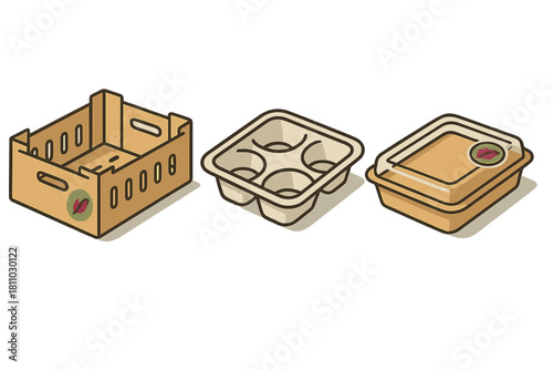 Isometric set of eco-friendly food packaging containers including cardboard box and compostable trays