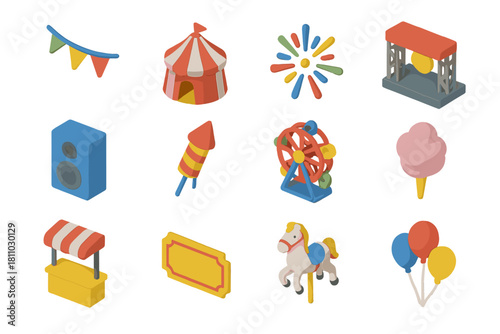 Isometric set of colorful carnival and fair amusement icons