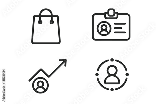 Essential business and user interface symbols for shopping, identification, growth, and networking