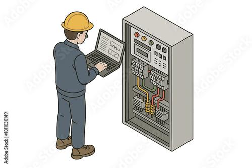 Electrician inspecting industrial control panel wiring with laptop computer