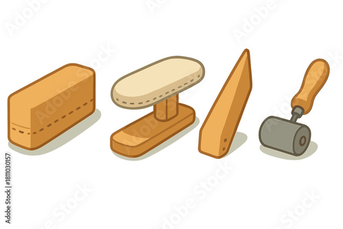 Assortment of wooden implements for leather shaping and edge pressing