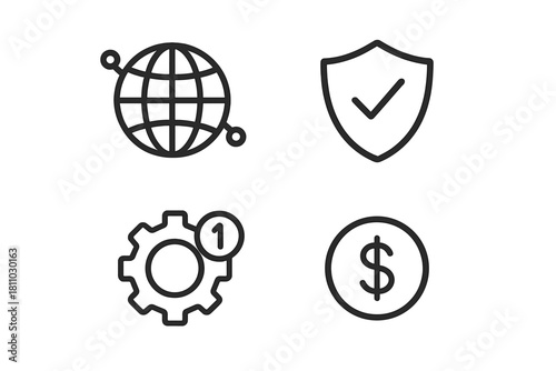 Four outline icons for global connection security settings and financial concepts
