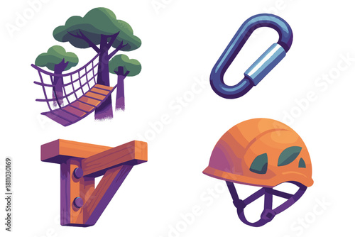 Adventure park equipment set including climbing helmet, carabiner, rope bridge, and wood platform