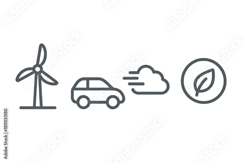Outline symbols for renewable energy, electric car, clean air, and environmental sustainability