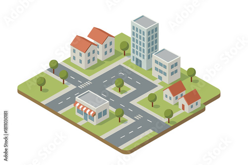 Isometric view of a modern suburban neighborhood with residential houses, commercial buildings, and streets