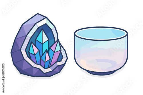 Mystical crystal geode and iridescent quartz bowl with vibrant gemstones