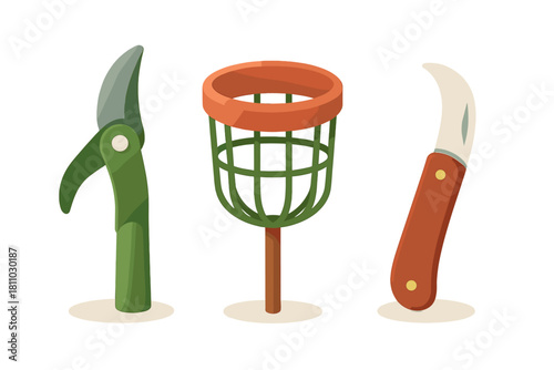 Pruning shears basket and curved knife for garden harvest