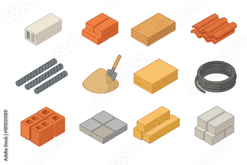 Isometric set of construction materials and building supplies icons