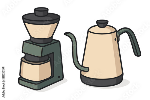 Contemporary electric coffee grinder and gooseneck kettle for home brewing