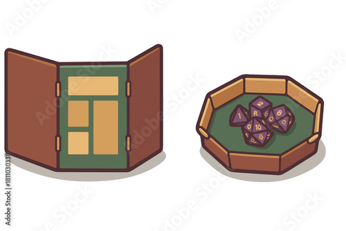 Role playing game screen and polyhedral dice set in tray