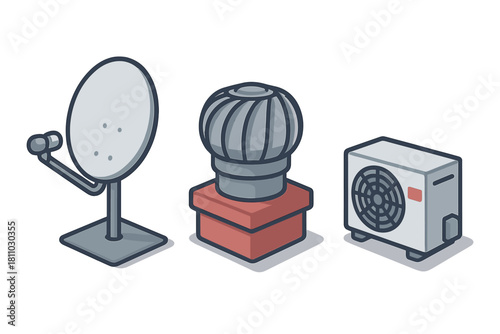 Isometric set of satellite dish, turbine ventilator, and air conditioner unit