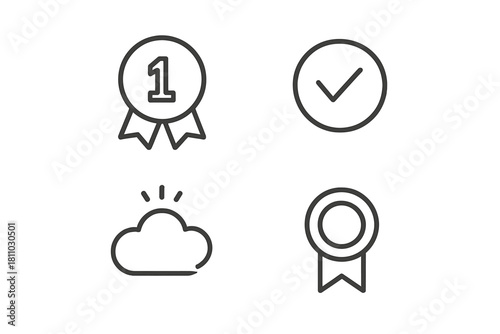 Outline icons representing success, achievement, quality assurance, and positive status updates