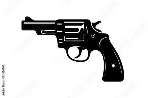 Stylized black and white silhouette of a classic revolver handgun on a white background