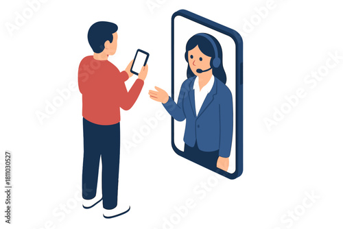 Customer receiving technical support via video call on a mobile phone from a female agent