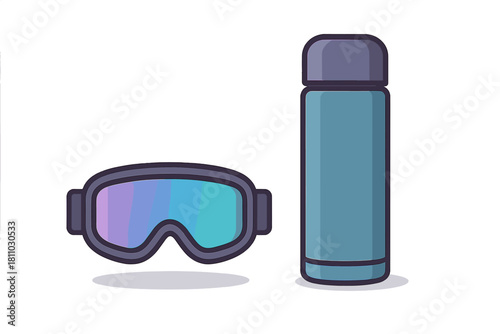 Set of colorful ski goggles and insulated thermos bottle for winter sports