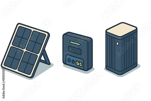 Isometric solar power system components including panel inverter and battery storage