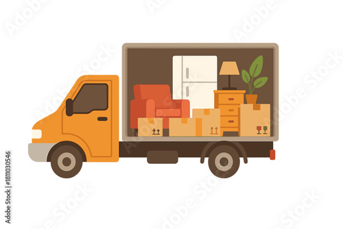 Delivery truck loaded with household furniture and boxes for residential relocation