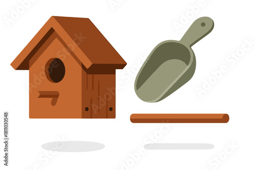 Classic wooden birdhouse and gardening scoop set for spring bird care activities