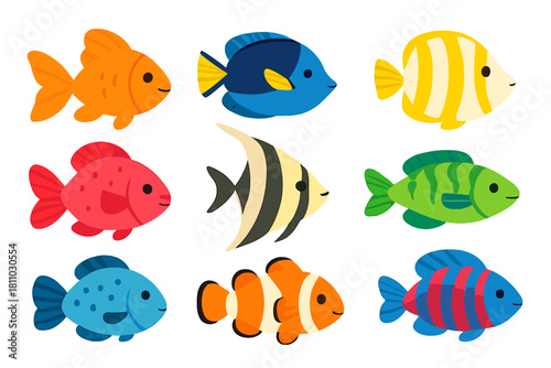 Colorful cartoon tropical fish and common aquarium pets on white background