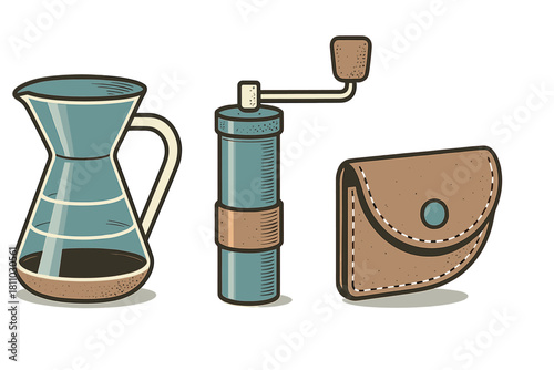Set of coffee preparation equipment featuring a manual grinder and glass pour-over carafe
