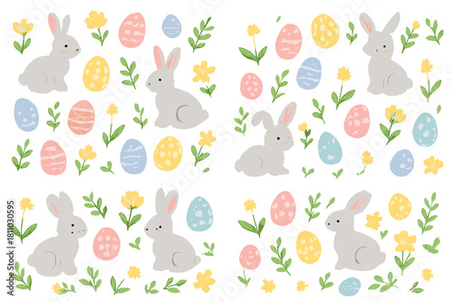 Seamless pattern of cute Easter bunnies, colorful decorated eggs, and spring flowers on a white background