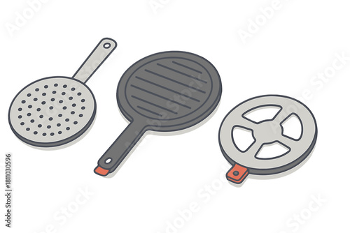 Set of three kitchen utensils including skimmer, grill pan, and trivet