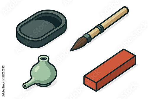 Isometric collection of traditional Chinese calligraphy writing implements