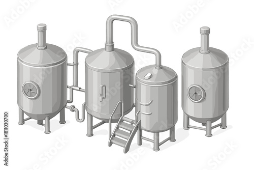 Isometric stainless steel industrial fermentation tanks and piping system