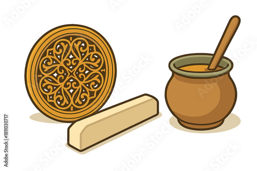 Rustic still life of honey pot, wooden spoon, cheese block, and decorative round object
