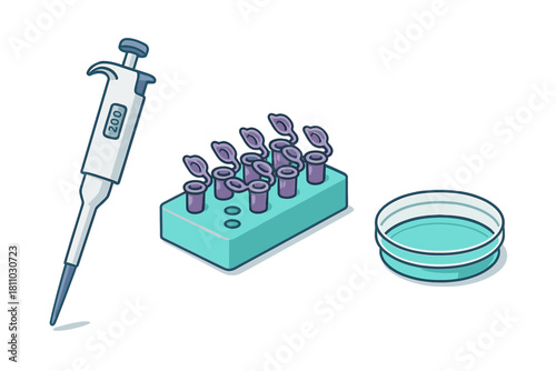 Laboratory equipment set with micropipette tubes and petri dish